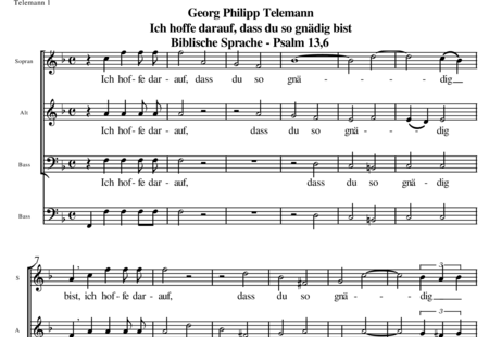 Telemann, Georg Philipp: Ich hoffe darauf, dass du so gnädig bist (Motette) - Chor>SATB:0
