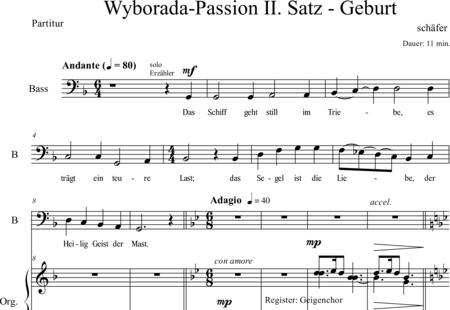 Schäfer, Martina: Wyborada - Orchesterfassung - II. Satz-Geburt - Solo>Alt/Bass+Chor>SSAATB+[TrpC+Pos]+Org+[Tb]:0