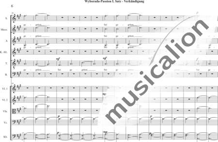 Schäfer, Martina: Wyborada - String Version - I. Movement-Proclamation - Solo>sop2/alto2/Ten/bajo+Coro>SSAATB+[Vl2+Vla+Vc+Cb]:5