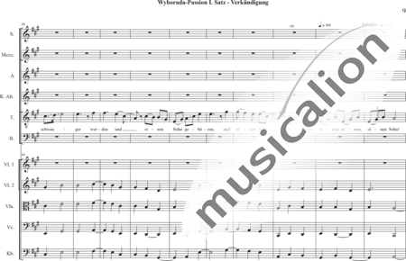 Schäfer, Martina: Wyborada - String Version - I. Movement-Proclamation - Solo>sop2/alto2/Ten/bajo+Coro>SSAATB+[Vl2+Vla+Vc+Cb]:8