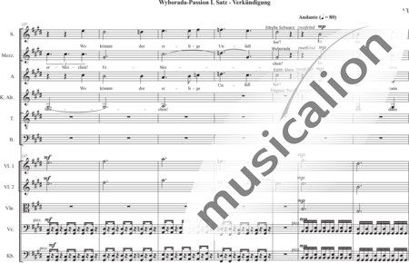 Schäfer, Martina: Wyborada - String Version - I. Movement-Proclamation - Solo>sop2/alto2/Ten/bajo+Coro>SSAATB+[Vl2+Vla+Vc+Cb]:12