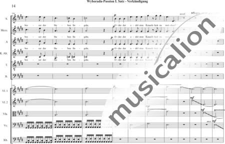 Schäfer, Martina: Wyborada - String Version - I. Movement-Proclamation - Solo>sop2/alto2/Ten/bajo+Coro>SSAATB+[Vl2+Vla+Vc+Cb]:13