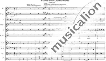 Schäfer, Martina: Wyborada - String Version - IV. Movement, Annunciation - Solo>sop/Ten/bajo+Coro>SSAATB+[Vl2+Vla+Vc+Cb]+Trp+Fl:10