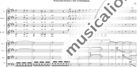 Schäfer, Martina: Wyborada - String Version - IV. Movement, Annunciation - Solo>sop/Ten/bajo+Coro>SSAATB+[Vl2+Vla+Vc+Cb]+Trp+Fl:12