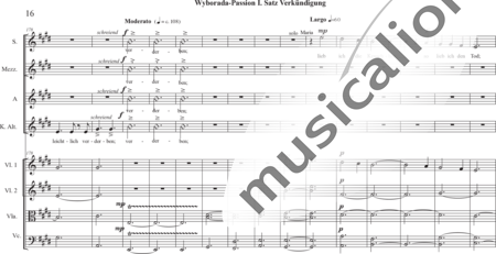 Schäfer, Martina: Wyborada - String Version - IV. Movement, Annunciation - Solo>sop/Ten/bajo+Coro>SSAATB+[Vl2+Vla+Vc+Cb]+Trp+Fl:15