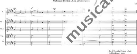 Schäfer, Martina: Wyborada - String Version - IV. Movement, Annunciation - Solo>sop/Ten/bajo+Coro>SSAATB+[Vl2+Vla+Vc+Cb]+Trp+Fl:16