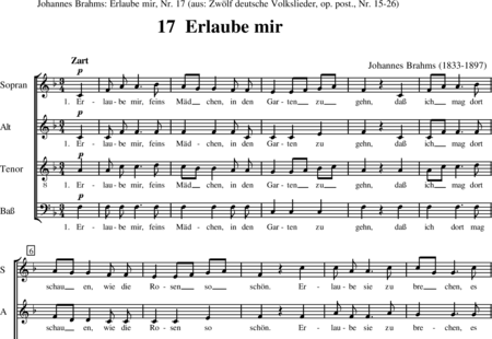 Brahms, Johannes: Erlaube mir, feis Mädchen, in den Garten zu gehn - Chor>SATB:0