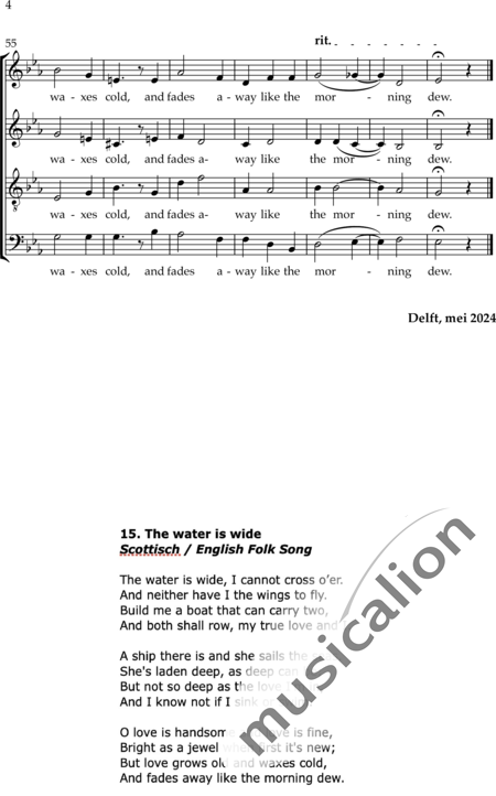 Oostenbrug, Wytze: The water is wide (No. 5 from 5 Folk Songs) - Coro>SATB:4