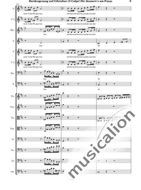 Mozart, Wolfgang Amadeus: Canto del Bardo en Gibraltar, ¡Oh Calpe, Truena a tus Pies! - Coro>SSSATTB+Violín 2+[Vla2+Vc2+Cb2]:5