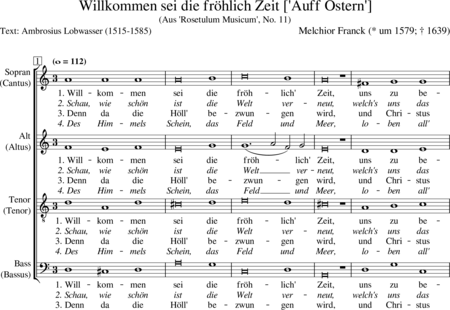 Franck, Melchior: Willkommen sei die fröhlich Zeit ['Auff Ostern'] - Choir>SATB:0
