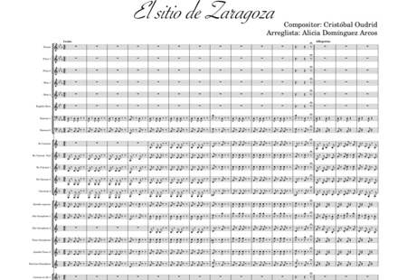 Oudrid y Segura, Cristóbal: El sitio de Zaragoza - Trumpet 6+Saxophone 6+Clarinet 5+Trombone 3+Flute 3+Tuba 3+Oboe 2+Bassoon 2+Percussion 2+AlpineHorn 2+Piano+Glockenspiel+Timpani+|otherinstrument+English horn:0