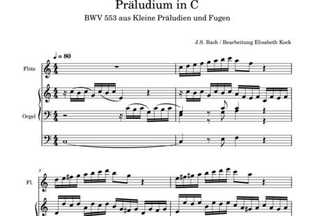 Bach, Johann Sebastian: Prelude in C from Little Preludes and Fugues - Flauta+Órgano>cPed:0