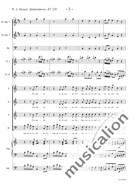Mozart, Wolfgang Amadeus: Missa brevis C-dur ("Spatzenmesse") für Chor und Orchester - Sanctus - Chor>SATB+[Vl2]+TrpB2+[Kb]+OrgmP+Pk:3