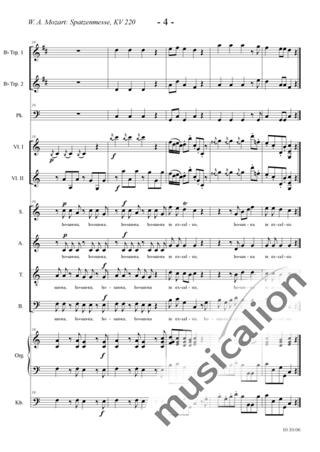 Mozart, Wolfgang Amadeus: Missa brevis C-dur ("Spatzenmesse") für Chor und Orchester - Sanctus - Chor>SATB+[Vl2]+TrpB2+[Kb]+OrgmP+Pk:4