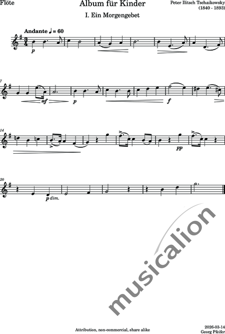 Tschaikowsky, Peter Iljitsch: Album für Kinder - 1. Morgengebet - Flöte C+Oboe C+Klarinette B+Fagott C 2:3