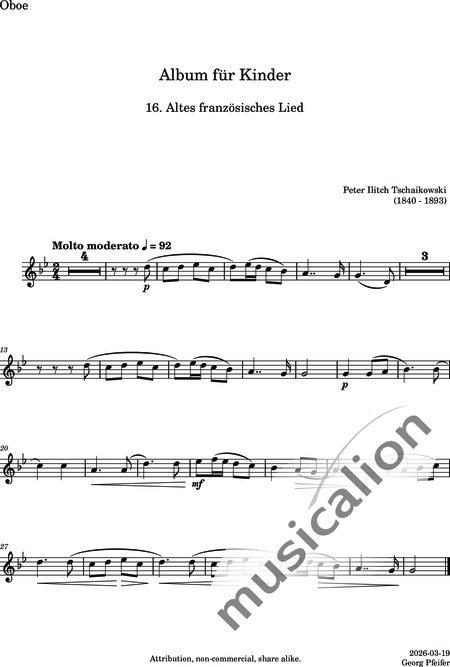 Tschaikowsky, Peter Iljitsch: Album für Kinder - 16. Altes französisches Lied - Flöte C+Oboe C+Klarinette B+Fagott C 2:3