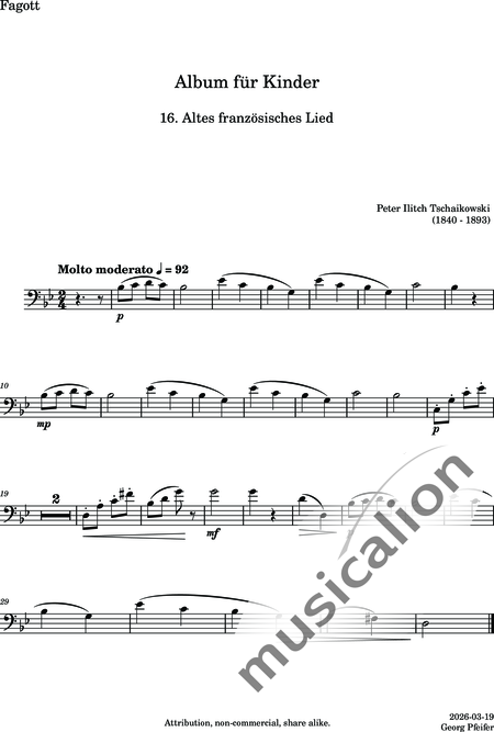 Tschaikowsky, Peter Iljitsch: Album für Kinder - 16. Altes französisches Lied - Flöte C+Oboe C+Klarinette B+Fagott C 2:5