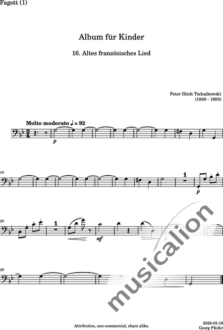 Tschaikowsky, Peter Iljitsch: Album für Kinder - 16. Altes französisches Lied - Flöte C+Oboe C+Klarinette B+Fagott C 2:6