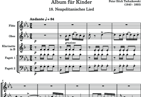 Tschaikowsky, Peter Iljitsch: Album für Kinder - 18. Neapolitanisches Lied - Flöte C+Oboe C+Klarinette B+Fagott C 2:0