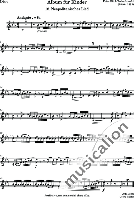 Tschaikowsky, Peter Iljitsch: Album für Kinder - 18. Neapolitanisches Lied - Flöte C+Oboe C+Klarinette B+Fagott C 2:6