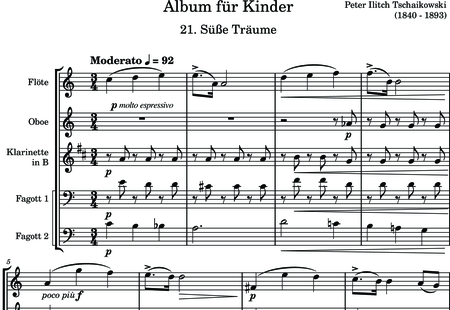 Tschaikowsky, Peter Iljitsch: Album für Kinder - 21. Süße Träume - Flöte C+Oboe C+Klarinette B+Fagott C 2:0