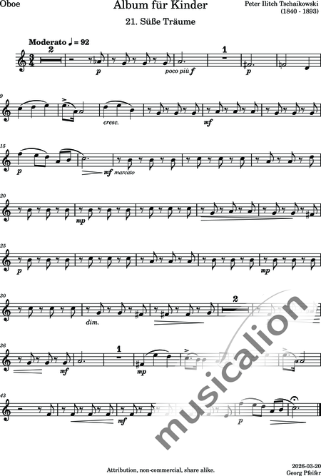 Tschaikowsky, Peter Iljitsch: Album für Kinder - 21. Süße Träume - Flöte C+Oboe C+Klarinette B+Fagott C 2:6