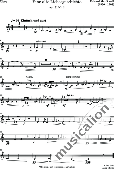 MacDowell, Edward (Alexander)
: Eine alte Liebesgeschichte (An Old Love Story) - Flauta +Oboe +Clarinete +Fagot  2:8