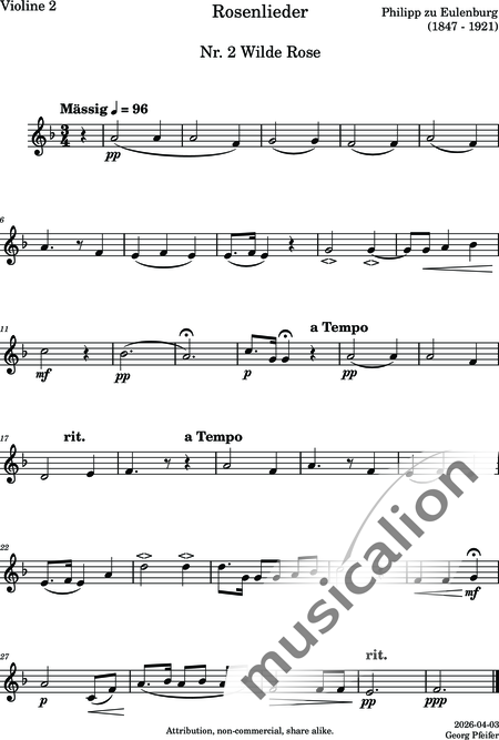 zu Eulenburg, Philip: Wild Rose - Violín 2+Viola+Violoncello+Contrabajo:5