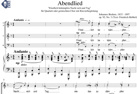 Brahms, Johannes: Abendlied ("Friedlich bekämpfen Nacht sich und Tag") - Choir>SATB+Piano:0