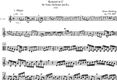 Miehling, Klaus: Concerto in C for viola and orchestra - Viola+[Fl2+Ob2+Cl2+Bn2]+Hn2+Cnt+[Vln2+Vla+Vlc+Db]:0