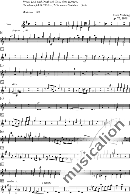 Miehling, Klaus: Preis, Lob und Dank sei Gott, dem Herren - Flöte 2+Ob2+[Vl2+Vla+Vc+Kb]:16