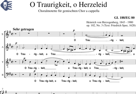 Herzogenberg, Heinrich von: O Traurigkeit, o Herzeleid (chorale motet) - Choir>SATB:0