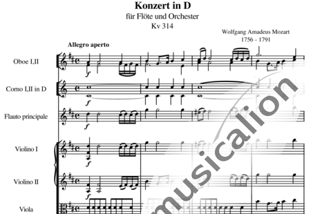 Mozart, Wolfgang Amadeus: Concierto en Re mayor para Flauta y orquesta 1.Movimiento - Flauta+Ob2+Cr2+BC+[Vl2+Vla+Vc]:0