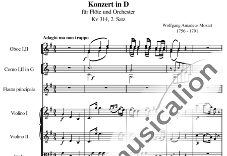 Mozart, Wolfgang Amadeus: Concerto in D Major for Flute and Orchestra, 2nd mvt - Flute+Ob2+Hn2+Cnt+[Vln2+Vla+Vlc]:0
