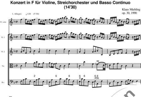 Miehling, Klaus: Concerto in F Major for baroque violin, baroque string orchestra and basso conti - Violin+[Vla+Vlc]:0
