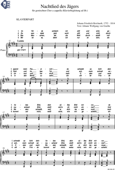 Reichardt, Johann Friedrich
: Canción nocturna del cazador ("Me deslizo por el campo impetuoso y callado") - Coro>SATB:3