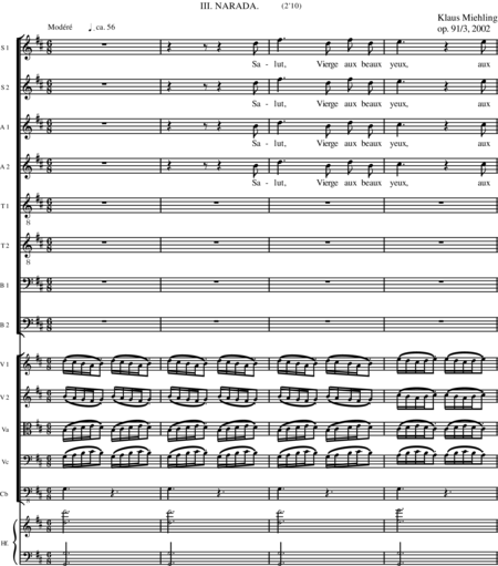 Miehling, Klaus: Chorlieder (5) nach Baghavat von Charles-Marie-René Leconte de Lisle - Chor>SSAATTBB+Hf+[Vl2+Vla+Vc+Kb]:29