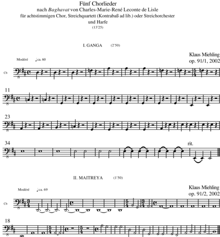 Miehling, Klaus: Chorlieder (5) nach Baghavat von Charles-Marie-René Leconte de Lisle - Chor>SSAATTBB+Hf+[Vl2+Vla+Vc+Kb]:78