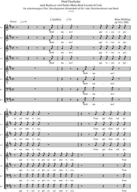 Miehling, Klaus: Chorlieder (5) nach Baghavat von Charles-Marie-René Leconte de Lisle - Chor>SSAATTBB+Hf+[Vl2+Vla+Vc+Kb]:81