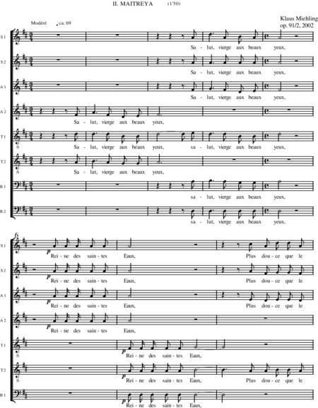 Miehling, Klaus: Chorlieder (5) nach Baghavat von Charles-Marie-René Leconte de Lisle - Chor>SSAATTBB+Hf+[Vl2+Vla+Vc+Kb]:90