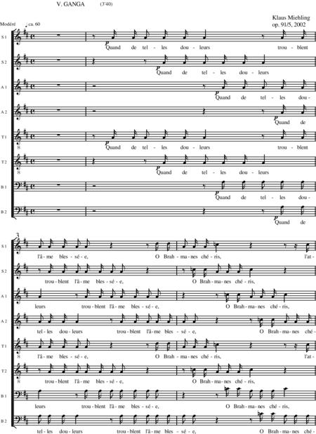 Miehling, Klaus: Chorlieder (5) nach Baghavat von Charles-Marie-René Leconte de Lisle - Chor>SSAATTBB+Hf+[Vl2+Vla+Vc+Kb]:102