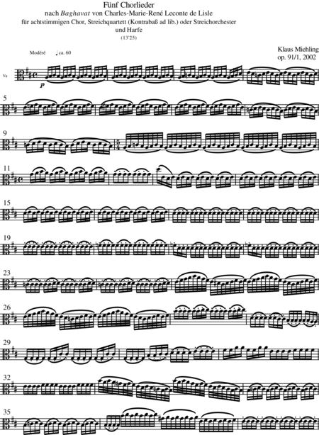 Miehling, Klaus: Chorlieder (5) nach Baghavat von Charles-Marie-René Leconte de Lisle - Chor>SSAATTBB+Hf+[Vl2+Vla+Vc+Kb]:125