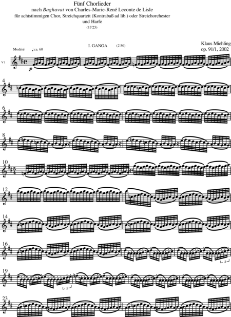 Miehling, Klaus: Chorlieder (5) nach Baghavat von Charles-Marie-René Leconte de Lisle - Chor>SSAATTBB+Hf+[Vl2+Vla+Vc+Kb]:139