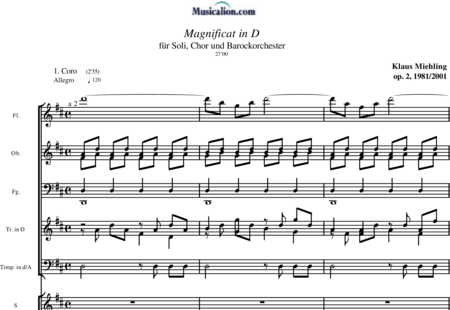 Miehling, Klaus: Magnificat in D No. 1 - 4 - Choir>SATB+[Fl2+Ob2+Bn2]+Tpt2+Tmp+Cnt+[Vln2+Vla+Vlc]:0
