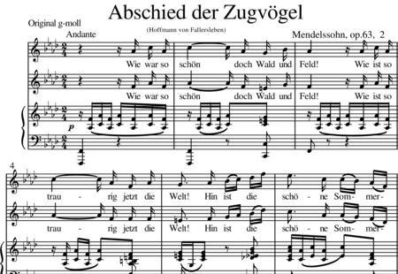 Mendelssohn Bartholdy, Felix: Abschied der Zugvögel ("Wie war doch so schön …") - Solo>Alt+Klavier:0