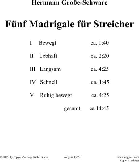 Große-Schware, Hermann: Madrigalse for Strings (5) - Violin 2+Viola 2+[Vlc2+Db]:2