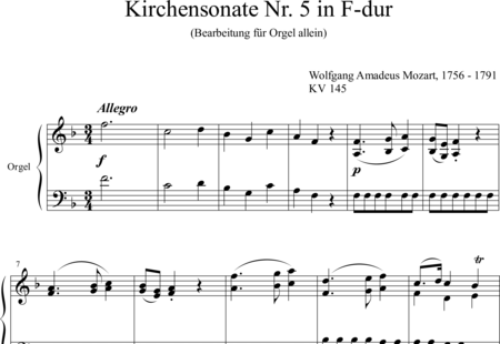 Mozart, Wolfgang Amadeus: Sonata de Iglesia Nr. 5 en Fa mayor (arreglo para órgano solo) - Órgano:0
