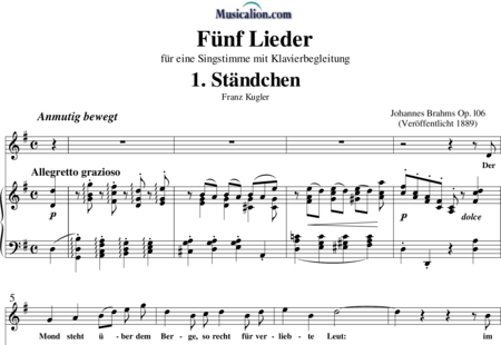 Brahms, Johannes: Fünf Lieder: Nr. 1 Ständchen - Solo>Alt+Klavier:0